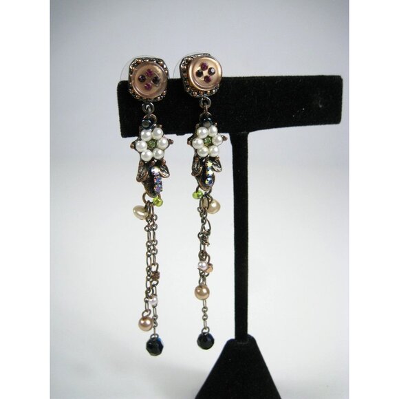 Vintage STYLE Long Dangle Earrings Imitation Pearls Rhinestones Chain Floral - Picture 4 of 7
